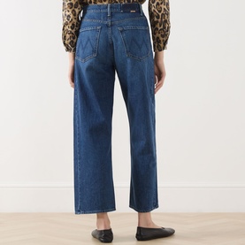 Model wearing Mother Half Pipe High-Rise Ankle Jeans in Did You Bring Me Anything, wide-leg, M-stitched back pockets, ankle length, styled with black