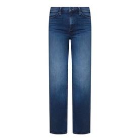 Mother Homecoming High jeans in mid-blue denim, straight-leg cut with faded wash detail and five-pocket styling