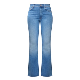 Mother Piece By Piece jeans in mid-blue denim, high-rise waist, slight bootcut flare, five-pocket styling, flat lay.