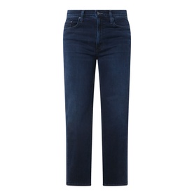 Mother Chip On My Shoulder jeans in dark indigo denim, straight-leg cut with five-pocket styling and subtle fading.
