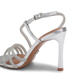 Carvela silver stiletto sandal with crystal-embellished strappy upper, ankle buckle fastening, and slim high heel