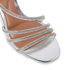 Carvela silver strappy heeled sandals with multi-strap crystal-embellished upper and block heel, close-up detail view