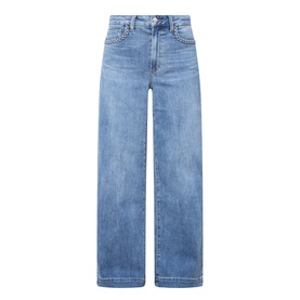 Paige straight-leg jeans in Encino blue denim, high-rise waist, wide leg opening, five-pocket styling