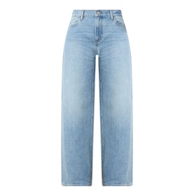 Paige Dana Low-Rise Straight Leg Jeans in Sepulveda, light blue wash with whiskering, faded details, five-pocket style and belt loops