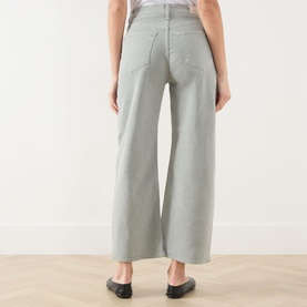 Model wearing Paige Arellia Ankle Wide-Leg Jeans in Vintage Seaglass, showing wide-leg silhouette, clean hems and rear logo patch.