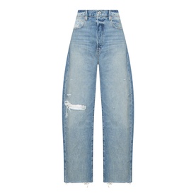 Paige Wide Leg jeans in Terazzo Deconstructed, light blue denim with distressed detailing and raw hem, high waist