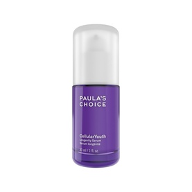 Paula's Choice CellarYouth Longevity Serum in a purple glass bottle with clear pump dispenser, 30ml