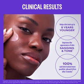 Model with Paula's Choice serum applied to cheek, clinical results graphic showing skin looks 8 years younger after use