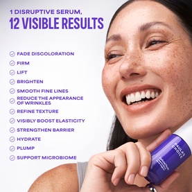 Model with Paula's Choice serum held near face, smiling. Text lists 12 visible results including firming, brightening and smoothing fine lines.