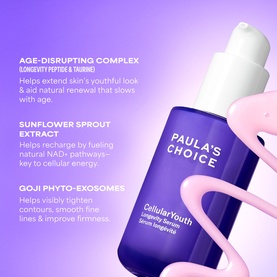 Paula's Choice CellularYouth Longevity-Defence Serum in purple pump bottle with ingredient highlight graphics on lilac background