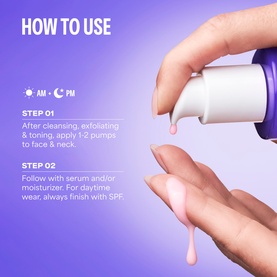 Paula's Choice serum pump bottle dispensing product onto hand, with how-to-use instructions for AM and PM application steps.
