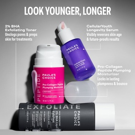 Paula's Choice skincare trio featuring CellularYouth Longevity Serum, Pro-Collagen Peptide Plumping Moisturiser, and 2% BHA Exfoliating Toner