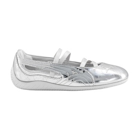 Silver metallic flat ballet shoe with double elasticated cross straps, cushioned insole, and white rubber sole