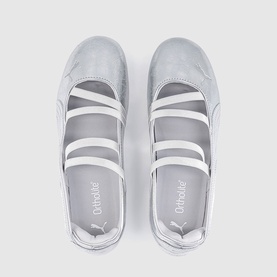 Puma Drhofur silver flats with triple white cross straps, overhead view showing both shoes on light background