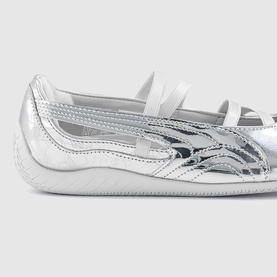 Silver metallic flat ballet shoe with triple elasticated straps, flame-cut detailing, and white rubber sole