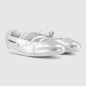 Silver metallic mary jane ballet flats with white rubber sole, single strap with velcro fastening and curved toe detailing