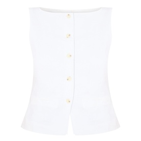 Samsoe & Samsoe white linen blouse, sleeveless with centre-back gold button fastening and peplum hem