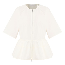 Samsoe & Samsoe Satoman Peplum Blouse in Egret, round neckline, short sleeves, two-way zip, peplum hemline