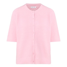 Samsoe & Samsoe Saanoura Rib Knit Cardigan in Bleached Mauve, round neckline, short sleeves, button fastening, ribbed texture