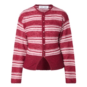 Samsoe & Samsoe dry rose striped mohair-blend cardigan with round neck, button-through front, and peplum hem