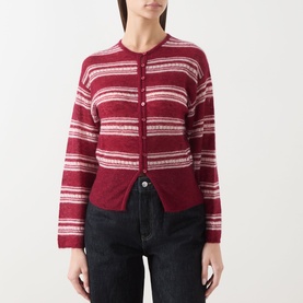 Model wearing Samsoe & Samsoe Dry Rose stripe cardigan, button-front, mohair-wool blend, styled with dark jeans