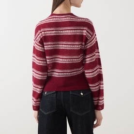 Model wearing Samsoe & Samsoe Dry Rose stripe mohair-blend cardigan, shown from behind, styled with dark wide-leg jeans