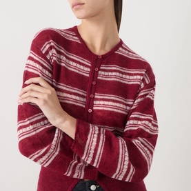 Model wearing Samsoe & Samsoe dry rose stripe mohair-blend cardigan with button front, cropped view showing textured knit and wide sleeves.