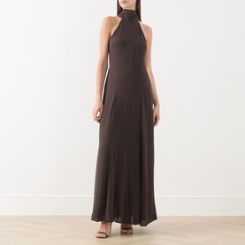 Model wearing Samsoe & Samsoe mulch halterneck maxi dress in viscose, sleeveless with A-line skirt and high neckline.