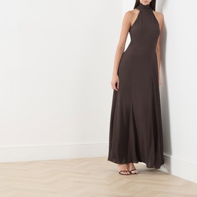 Model wearing Samsoe & Samsoe mulch halterneck maxi dress in viscose, styled with black strappy sandals