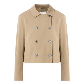 Samsoe & Samsoe Sakit Double-Breasted Jacket in Lead Gray, flat collar, silver-tone buttons, long sleeves, cropped straight hem