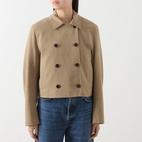 Model wearing Samsoe & Samsoe Sakit Double-Breasted Jacket in Lead Gray, cropped length, dark buttons, flat collar, styled with blue jeans