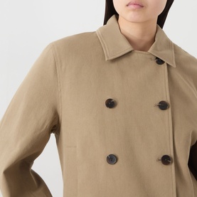 Model wearing Samsoe & Samsoe Sakit Double-Breasted Jacket in Lead Gray, flat collar, dark buttons, close-up detail view