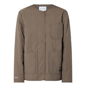 Samsoe & Samsoe Major Brown quilted padded jacket with collarless neckline, button placket, and patch pockets
