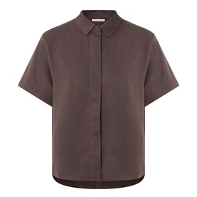 Samsoe & Samsoe Mina Fluid Shirt in Mulch, short-sleeve collared design with concealed button fastening and curved hemline