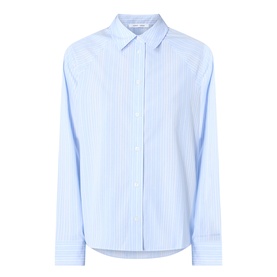 Samsoe & Samsoe Sarita Striped Shirt in Windsurfer St, light blue stripe, point collar, long sleeves, curved hem, front button fastening