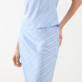 Model wearing Samsoe & Samsoe windsurfer blue pinstripe pencil skirt, styled with matching pinstripe top.