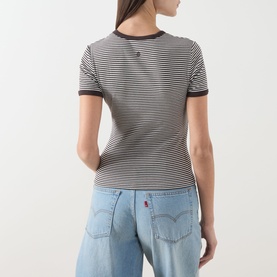 Model wearing Samsoe & Samsoe T-shirt in Mulch stripe, shown from back, with blue wide-leg jeans. Ribbed crew neck, short sleeves.