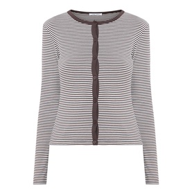 Samsoe & Samsoe top in Mulch stripe, long-sleeve fitted cardigan-style with button front and contrast trim detailing.