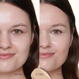 Sculpted by Aimee Cream Cushion Foundation Refill before and after comparison showing shade 2.75N on model's skin