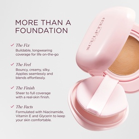 Sculpted by Aimee Cream Cushion Foundation Refill in pink compact, open to reveal cushion applicator, with key benefits text overlay.