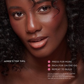 Model wearing Sculpted by Aimee Cream Cushion Foundation Refill with usage tips overlay highlighting press, pack and repeat steps.