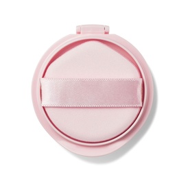 Sculpted by Aimee Cream Cushion Foundation Refill in pale pink compact with satin ribbon applicator puff, open lid visible