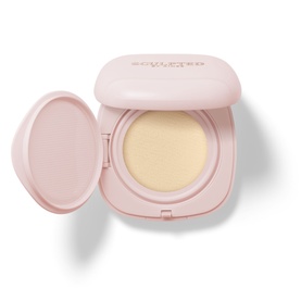 Sculpted by Aimee Cream Cushion Foundation Refill in pale pink compact, open to reveal sponge applicator and cream formula