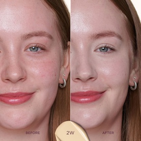 Sculpted by Aimee Cream Cushion Foundation Refill shade 2W before and after comparison showing coverage and finish on model's skin