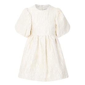 Sister Jane Chalk Mini Dress in white jacquard, round neck, short puff sleeves, fitted waist, voluminous flared mini skirt