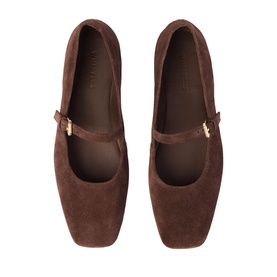 Whistles brown suede Mary Jane flats with square toe, single strap, and gold-tone buckle detail, overhead view.
