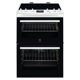 Electrolux 60cm Double Oven Cooker Ceramic Hob in white, front view showing two open ovens with wire racks and black interior