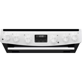 Electrolux 60cm Double Oven Cooker Ceramic Hob in white, overhead view showing control knobs and digital clock display
