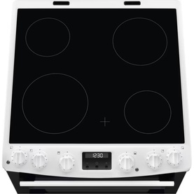 Electrolux 60cm Double Oven Cooker Ceramic Hob in white, top-down view showing four ceramic zones and digital clock display