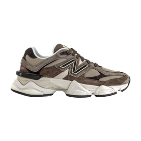 New Balance 9060 trainer in brown and orewood white, suede and mesh upper, chunky off-white sole with black detailing